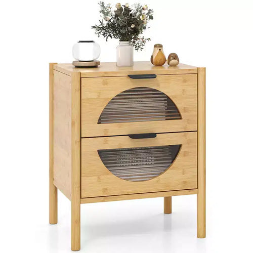 Costway 1/2 PCS Bamboo Nightstand with 2 Storage Drawers & Reeded Tempered Glass Fronts Bedroom
