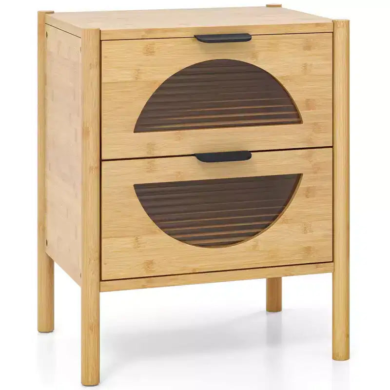 Table de chevet en bambou avec 2 tiroirs de rangement et façades en verre trempé cannelé pour chambre à coucher (1 ou 2 pièces)