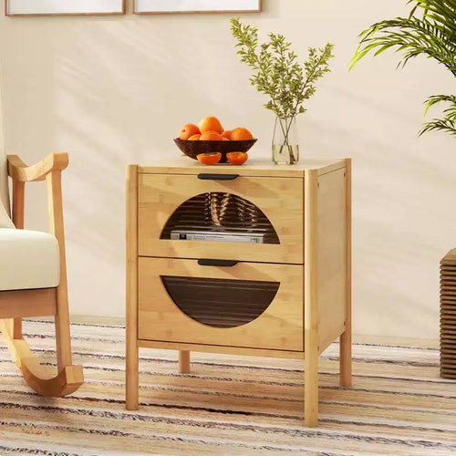 Table de chevet en bambou avec 2 tiroirs de rangement et façades en verre trempé cannelé pour chambre à coucher (1 ou 2 pièces)