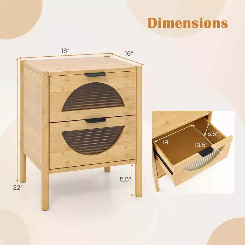 Table de chevet en bambou avec 2 tiroirs de rangement et façades en verre trempé cannelé pour chambre à coucher (1 ou 2 pièces)
