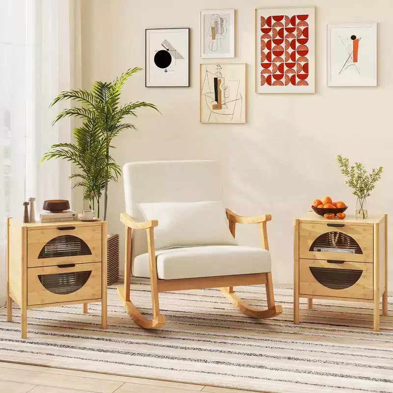 Table de chevet en bambou avec 2 tiroirs de rangement et façades en verre trempé cannelé pour chambre à coucher (1 ou 2 pièces)
