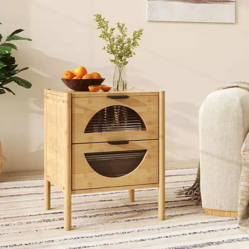 Table de chevet en bambou avec 2 tiroirs de rangement et façades en verre trempé cannelé pour chambre à coucher (1 ou 2 pièces)