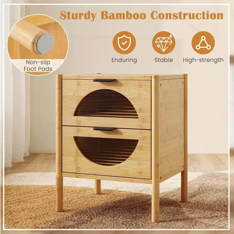 Table de chevet en bambou avec 2 tiroirs de rangement et façades en verre trempé cannelé pour chambre à coucher (1 ou 2 pièces)
