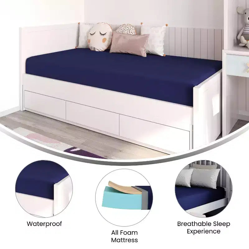 Matelas en mousse à mémoire de forme bleu résistant à l'eau avec housse à fermeture éclair