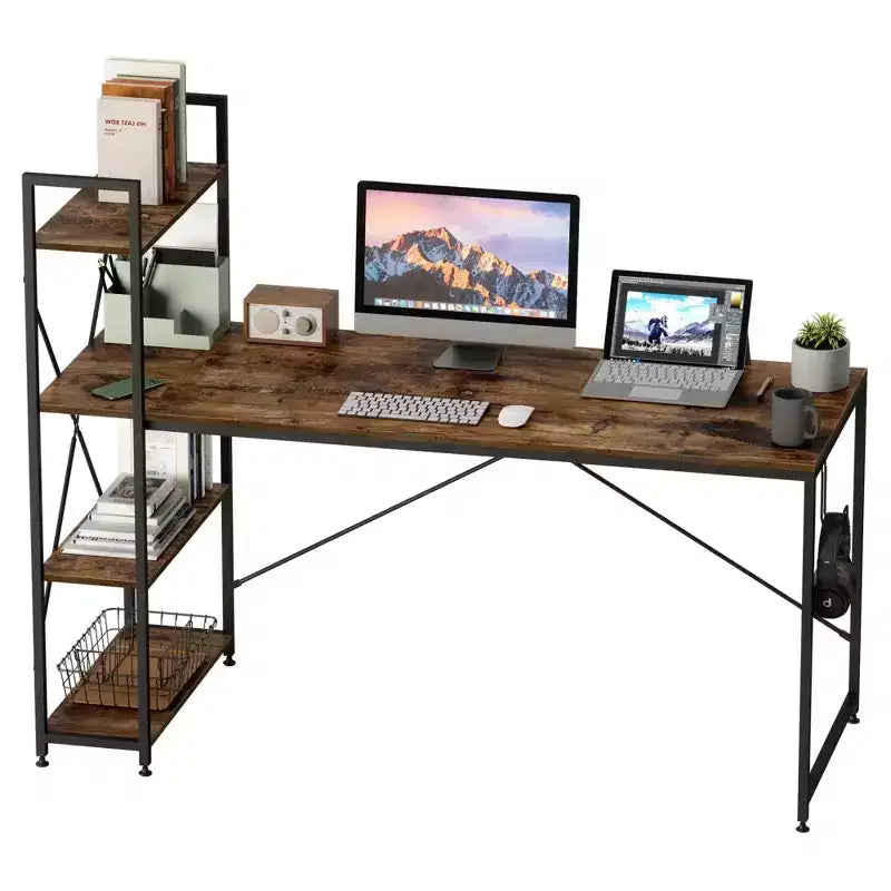 Bestier 47 inch Reversible Computer Desk with Storage Shelves for Home Office in Rustic Brown