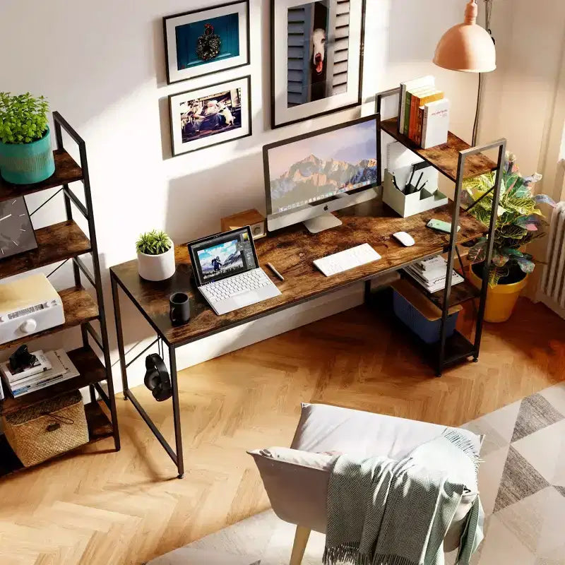 Bureau réversible de 47 pouces avec étagères de rangement pour la maison ou le bureau en marron rustique