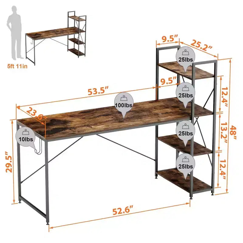 Bureau réversible de 47 pouces avec étagères de rangement pour la maison ou le bureau en marron rustique