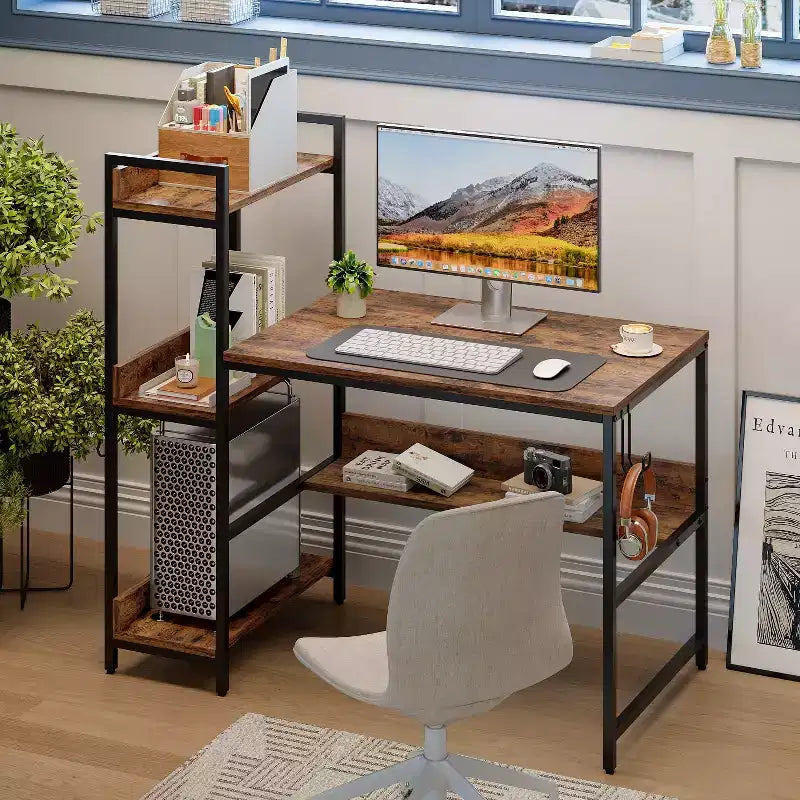Bureau réversible de 47 pouces avec étagères de rangement pour la maison ou le bureau en marron rustique