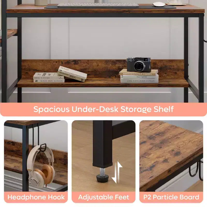Bureau réversible de 47 pouces avec étagères de rangement pour la maison ou le bureau en marron rustique