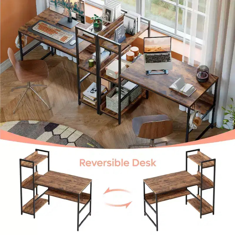 Bureau réversible de 47 pouces avec étagères de rangement pour la maison ou le bureau en marron rustique