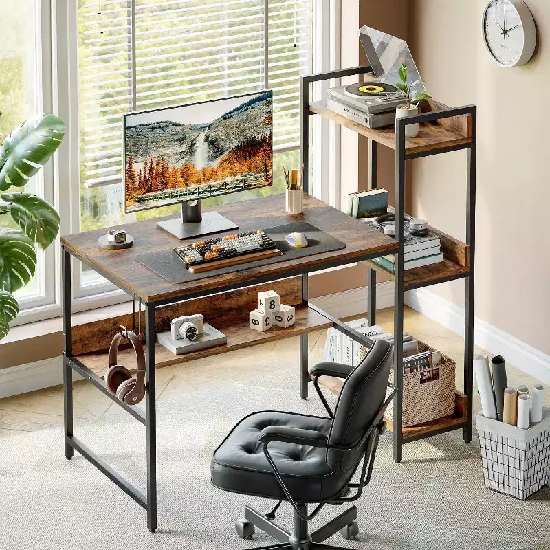 Bureau réversible de 47 pouces avec étagères de rangement pour la maison ou le bureau en marron rustique
