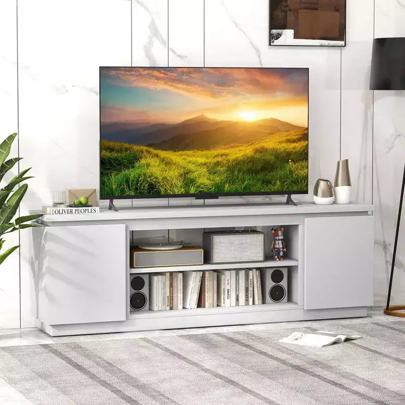 Meuble TV avec cheminée électrique pour téléviseurs jusqu'à 80 pouces, 3 étagères réglables, Noir/Blanc