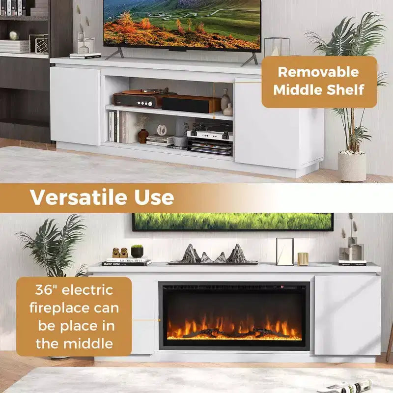 Meuble TV avec cheminée électrique pour téléviseurs jusqu'à 80 pouces, 3 étagères réglables, Noir/Blanc