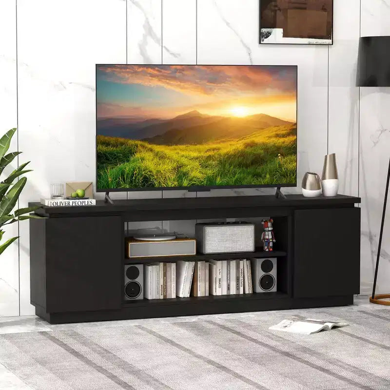 Meuble TV avec cheminée électrique pour téléviseurs jusqu'à 80 pouces, 3 étagères réglables, Noir/Blanc