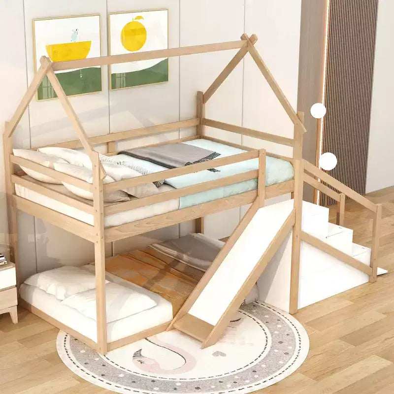 Whisen Twin over Twin Kids' House Bunk Bed with Slide, Stairs & Storage - Solid Pine & MDF, Space-Saving Fun