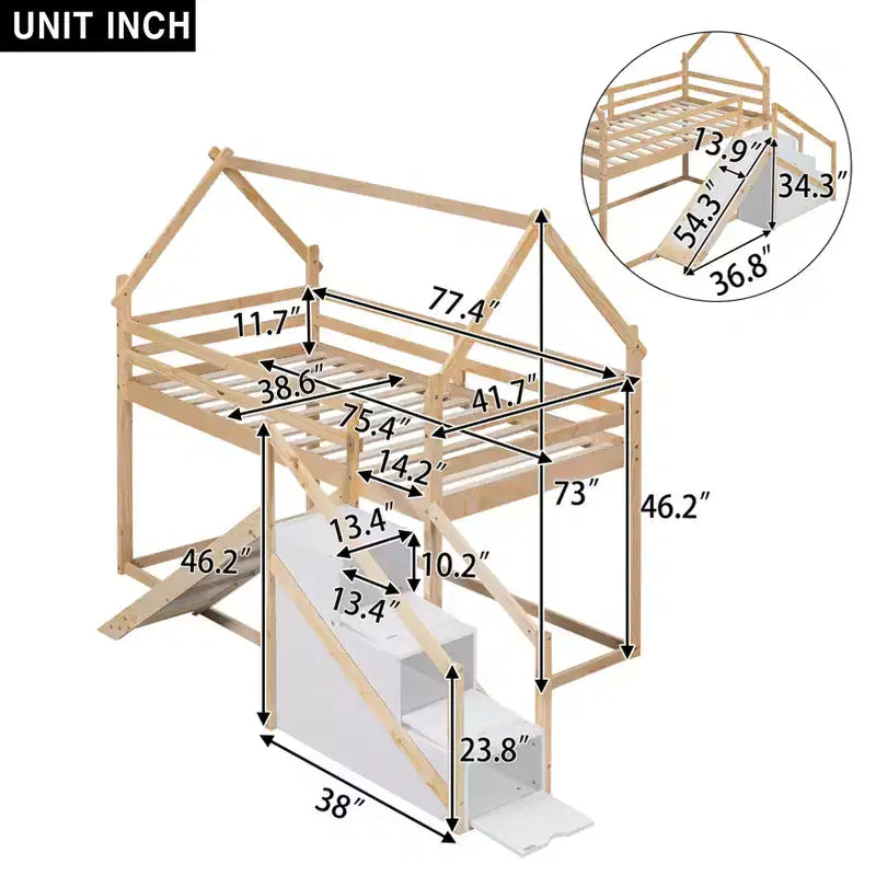 Lit superposé cabane pour enfants double avec toboggan, escalier et rangement - Pin massif et MDF, amusant et peu encombrant