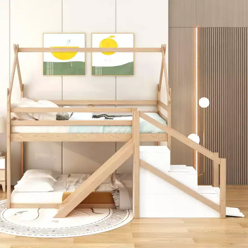 Lit superposé cabane pour enfants double avec toboggan, escalier et rangement - Pin massif et MDF, amusant et peu encombrant