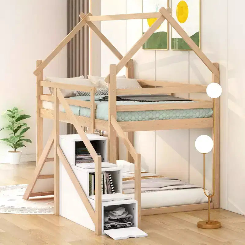 Lit superposé cabane pour enfants double avec toboggan, escalier et rangement - Pin massif et MDF, amusant et peu encombrant