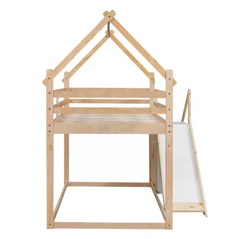 Lit superposé cabane pour enfants double avec toboggan, escalier et rangement - Pin massif et MDF, amusant et peu encombrant