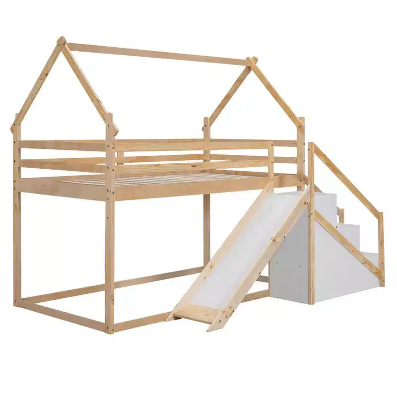 Lit superposé cabane pour enfants double avec toboggan, escalier et rangement - Pin massif et MDF, amusant et peu encombrant