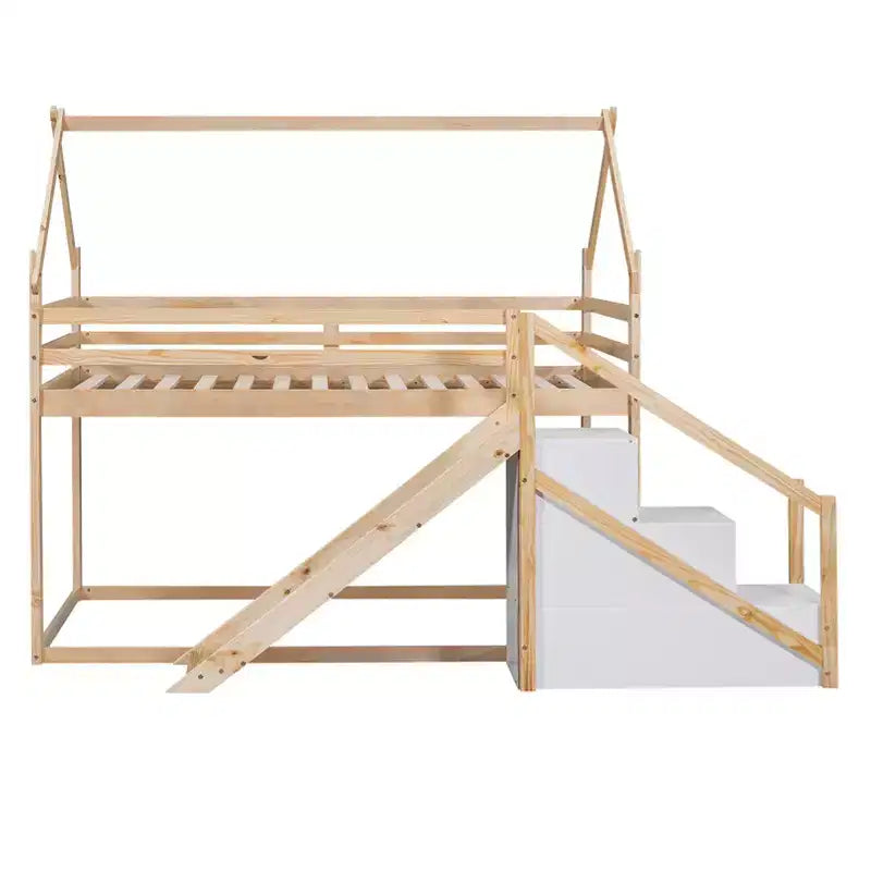 Lit superposé cabane pour enfants double avec toboggan, escalier et rangement - Pin massif et MDF, amusant et peu encombrant