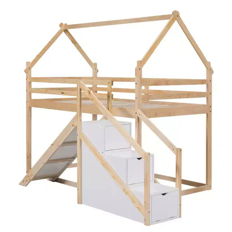 Lit superposé cabane pour enfants double avec toboggan, escalier et rangement - Pin massif et MDF, amusant et peu encombrant