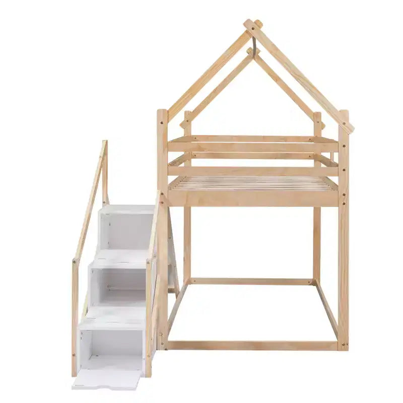 Lit superposé cabane pour enfants double avec toboggan, escalier et rangement - Pin massif et MDF, amusant et peu encombrant