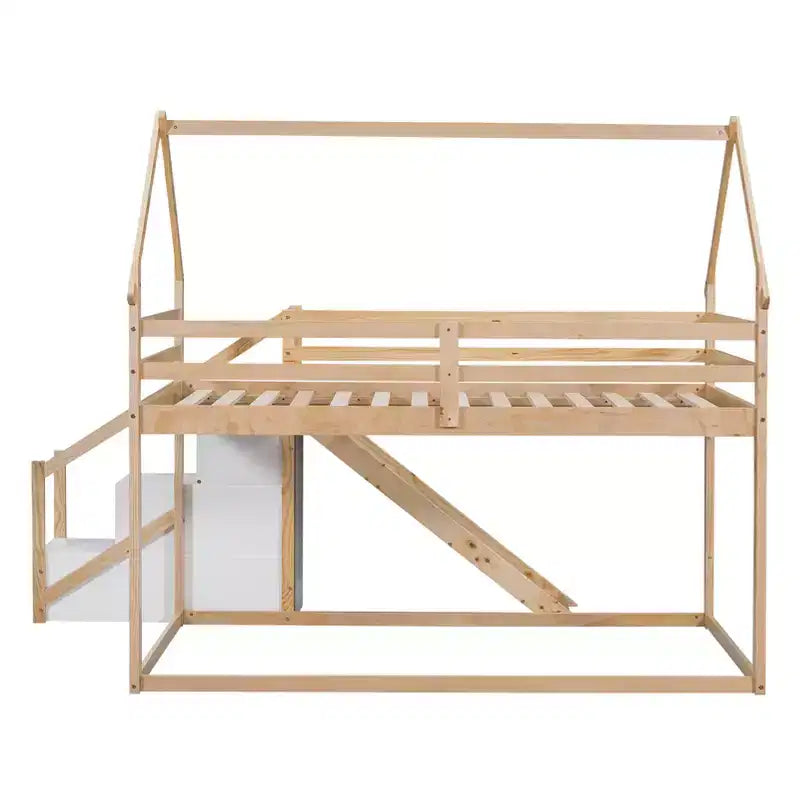Lit superposé cabane pour enfants double avec toboggan, escalier et rangement - Pin massif et MDF, amusant et peu encombrant