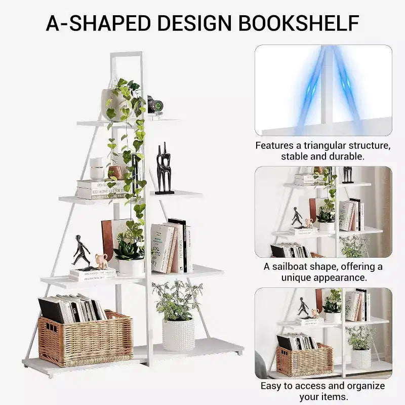 Étagère à 4 niveaux, structure en forme de A, étagère échelle, bibliothèque moderne classique, pour CD/livres/films