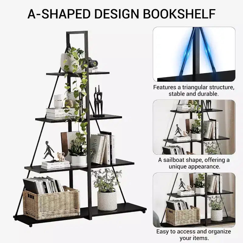 Étagère à 4 niveaux, structure en forme de A, étagère échelle, bibliothèque moderne classique, pour CD/livres/films