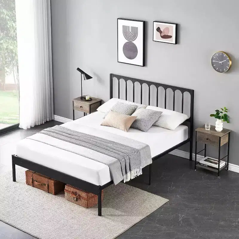 14 Inch Queen Bed Frame, Metal Platform Bed Frame with Headboard, No Box Spring Needed, Noise-Free, Non-Slip, Black