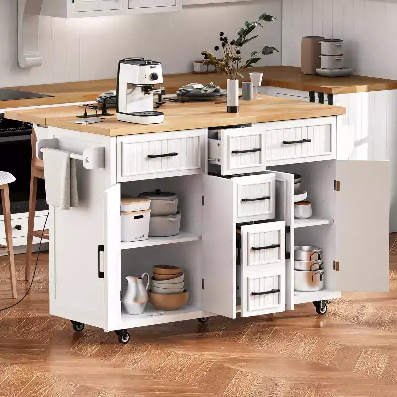 56,5 Meuble d'îlot de cuisine rustique avec prise de courant - Desserte roulante avec abattant, 4 portes et 5 tiroirs, étagères réglables et roulettes