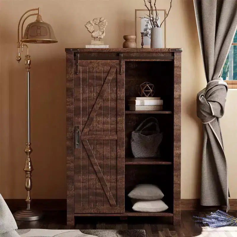 Commode haute moderne de style ferme à 5 tiroirs avec porte coulissante de style grange, organisateur de rangement pour chambre à coucher, salon et chambre d'enfant.