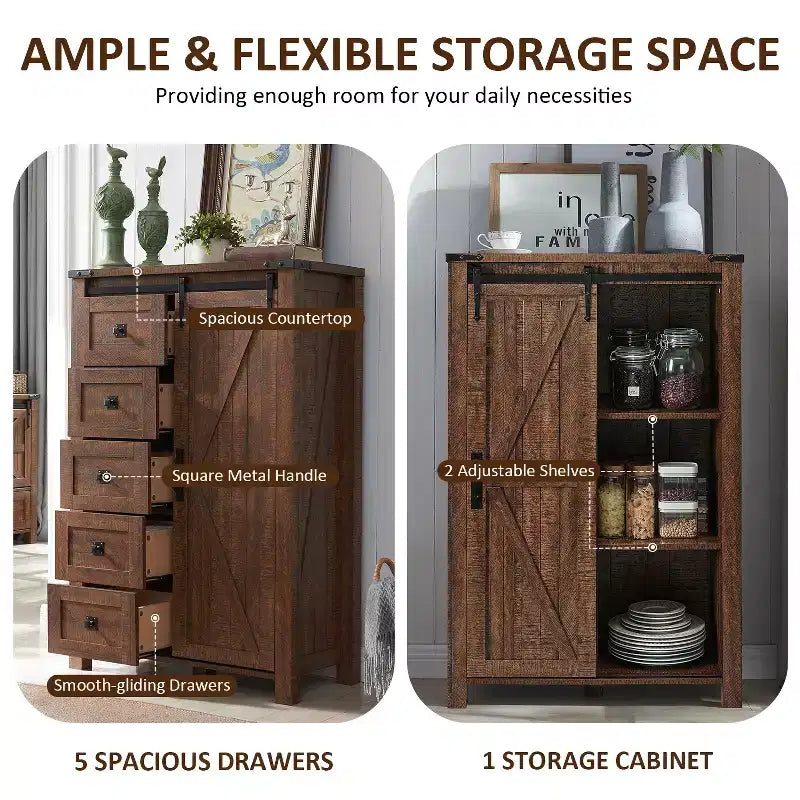 Commode haute moderne de style ferme à 5 tiroirs avec porte coulissante de style grange, organisateur de rangement pour chambre à coucher, salon et chambre d'enfant.