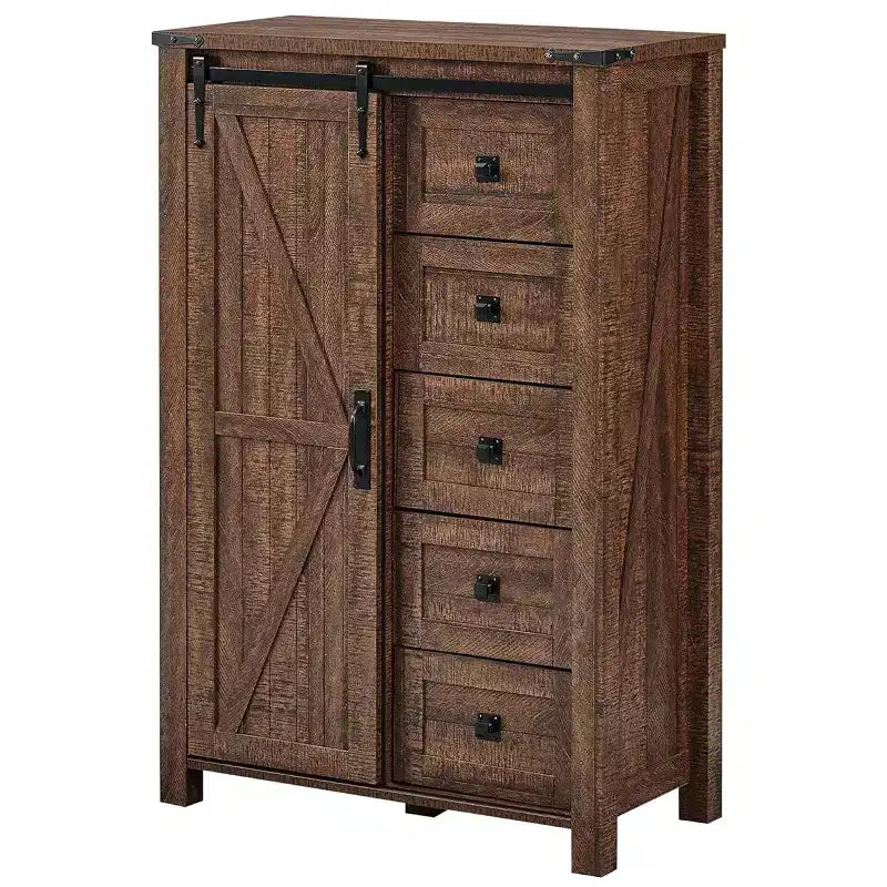 Commode haute moderne de style ferme à 5 tiroirs avec porte coulissante de style grange, organisateur de rangement pour chambre à coucher, salon et chambre d'enfant.
