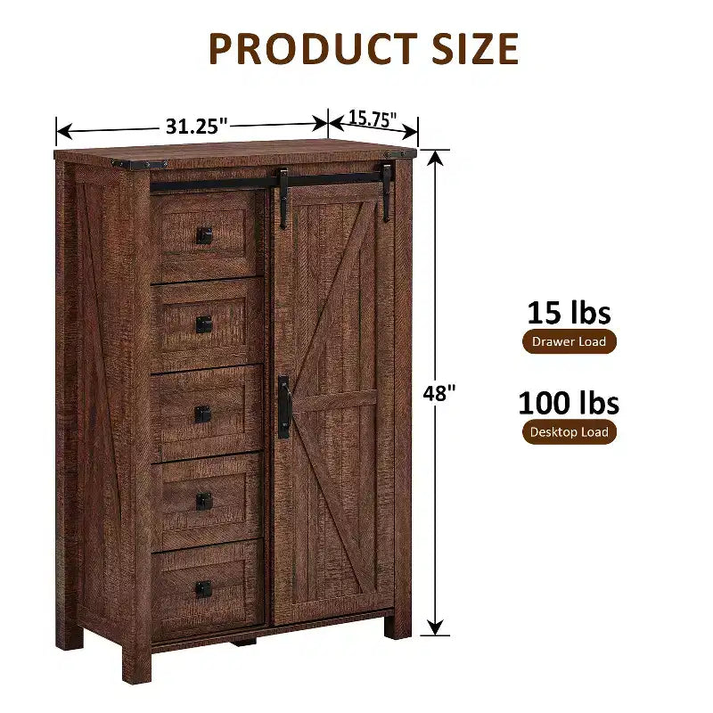 Commode haute moderne de style ferme à 5 tiroirs avec porte coulissante de style grange, organisateur de rangement pour chambre à coucher, salon et chambre d'enfant.