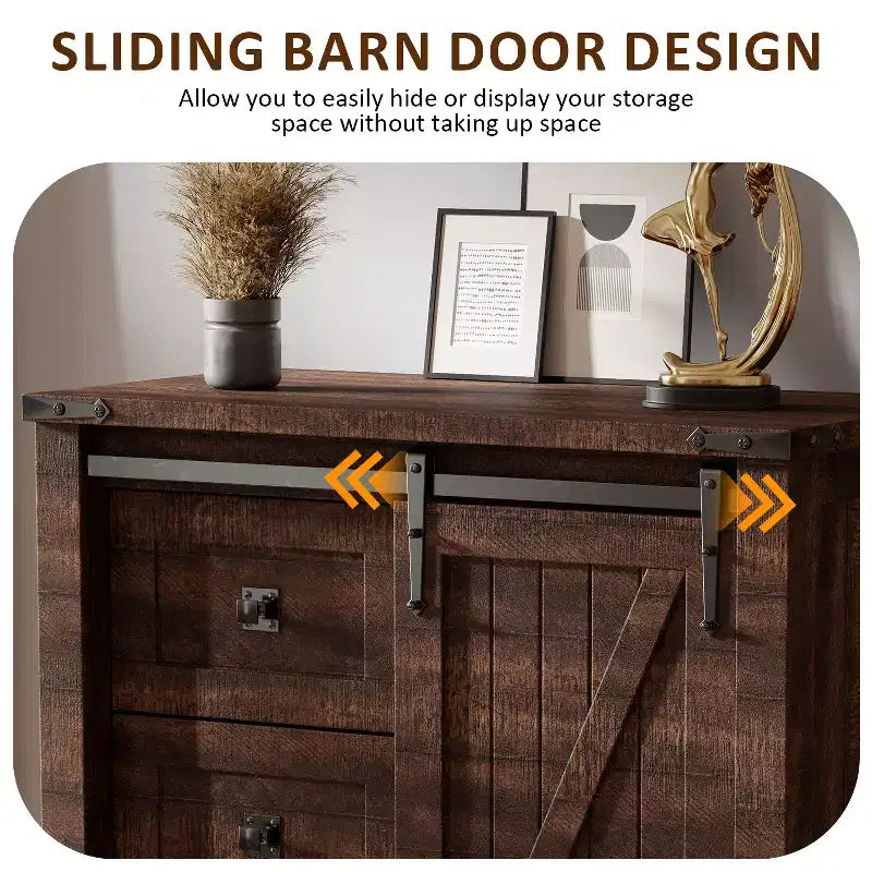Commode haute moderne de style ferme à 5 tiroirs avec porte coulissante de style grange, organisateur de rangement pour chambre à coucher, salon et chambre d'enfant.