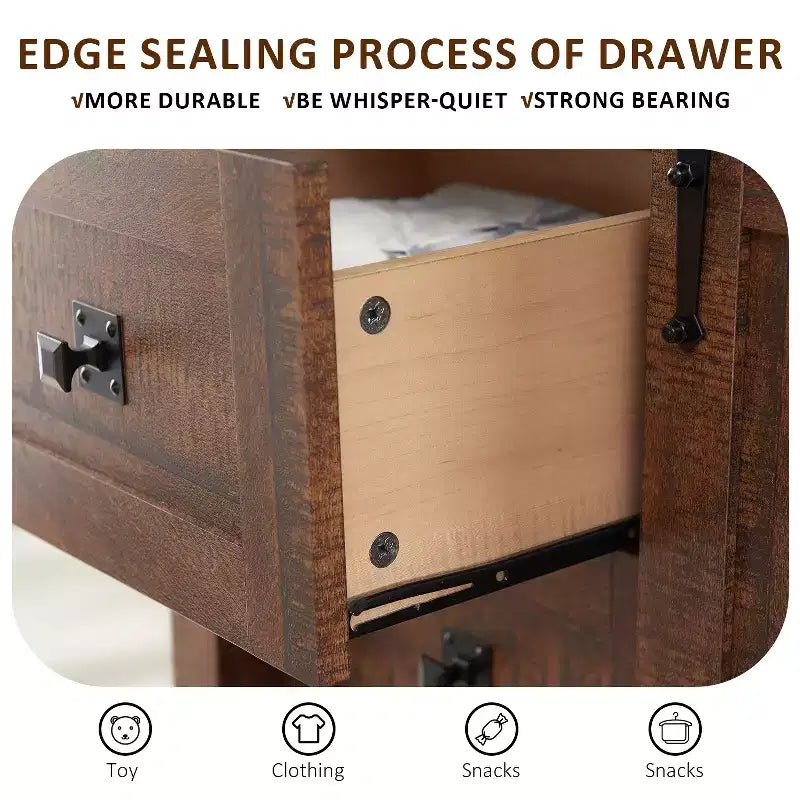 Commode haute moderne de style ferme à 5 tiroirs avec porte coulissante de style grange, organisateur de rangement pour chambre à coucher, salon et chambre d'enfant.