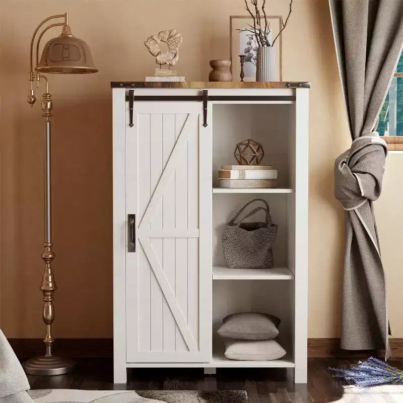 Commode haute moderne de style ferme à 5 tiroirs avec porte coulissante de style grange, organisateur de rangement pour chambre à coucher, salon et chambre d'enfant.