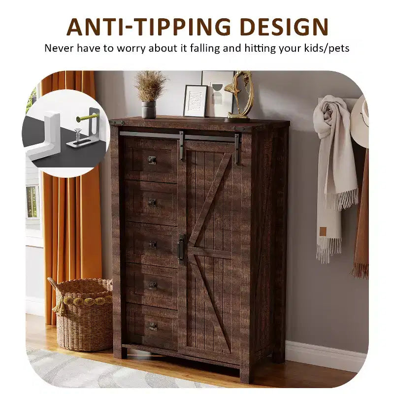 Commode haute moderne de style ferme à 5 tiroirs avec porte coulissante de style grange, organisateur de rangement pour chambre à coucher, salon et chambre d'enfant.
