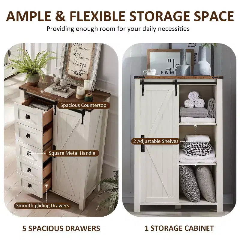 Commode haute moderne de style ferme à 5 tiroirs avec porte coulissante de style grange, organisateur de rangement pour chambre à coucher, salon et chambre d'enfant.