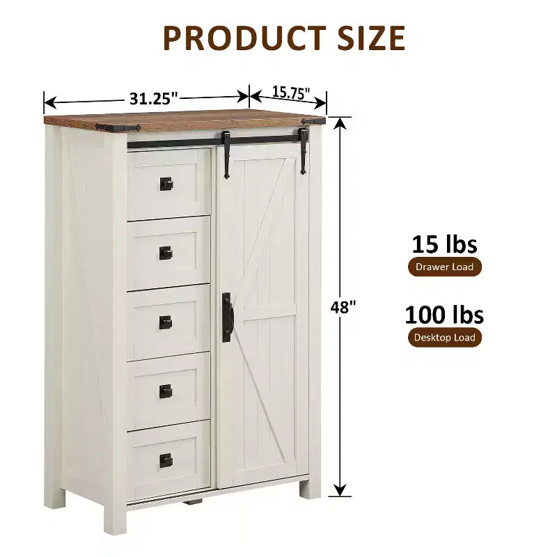 Commode haute moderne de style ferme à 5 tiroirs avec porte coulissante de style grange, organisateur de rangement pour chambre à coucher, salon et chambre d'enfant.