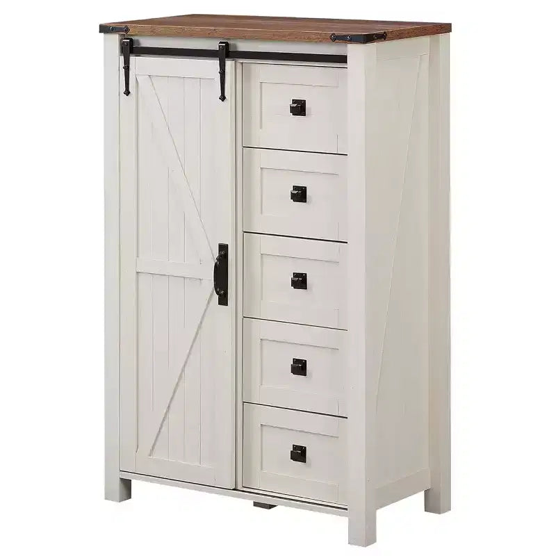 Commode haute moderne de style ferme à 5 tiroirs avec porte coulissante de style grange, organisateur de rangement pour chambre à coucher, salon et chambre d'enfant.