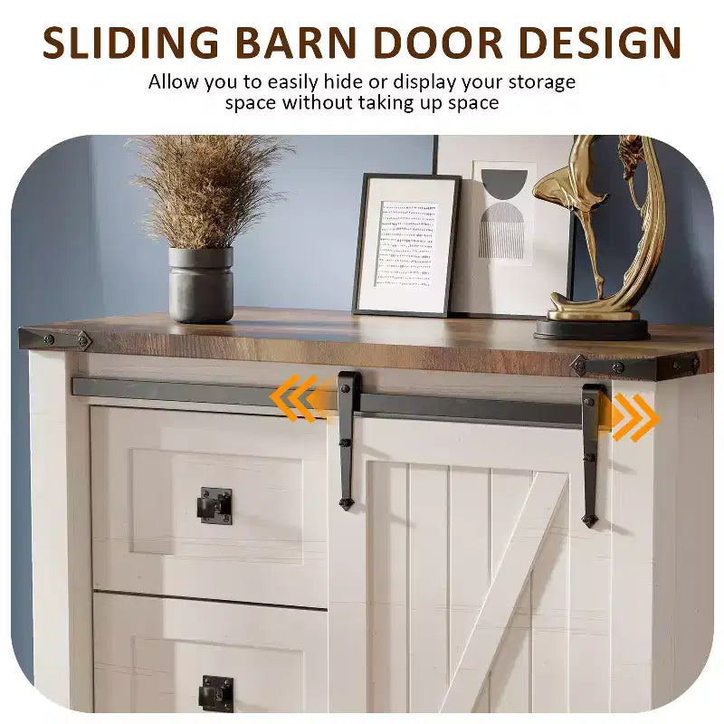 Commode haute moderne de style ferme à 5 tiroirs avec porte coulissante de style grange, organisateur de rangement pour chambre à coucher, salon et chambre d'enfant.