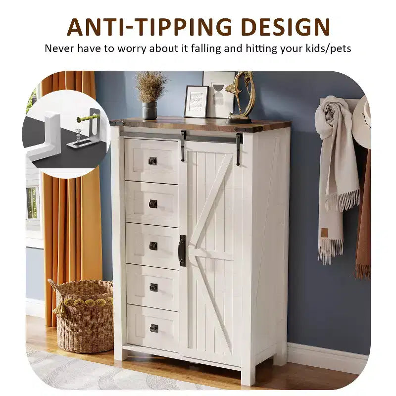 Commode haute moderne de style ferme à 5 tiroirs avec porte coulissante de style grange, organisateur de rangement pour chambre à coucher, salon et chambre d'enfant.