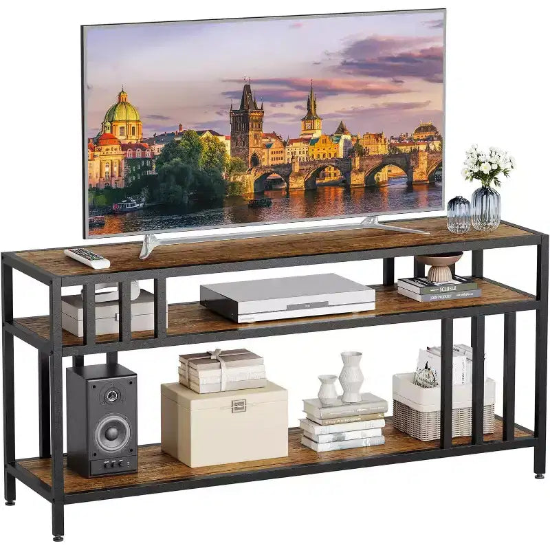 Meuble TV 65" pour téléviseurs jusqu'à 75", meuble de divertissement gris avec étagères de rangement ouvertes et support quadruple-tube