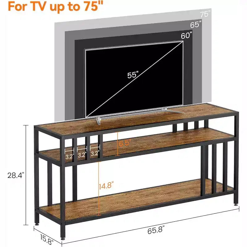 Meuble TV 65" pour téléviseurs jusqu'à 75", meuble de divertissement gris avec étagères de rangement ouvertes et support quadruple-tube
