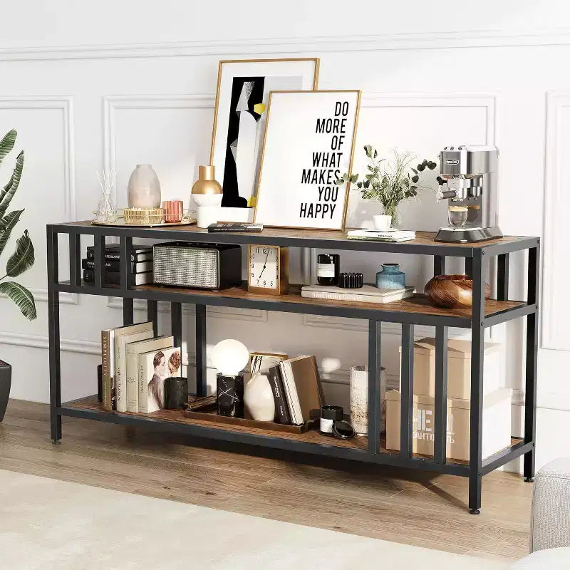 Meuble TV 65" pour téléviseurs jusqu'à 75", meuble de divertissement gris avec étagères de rangement ouvertes et support quadruple-tube