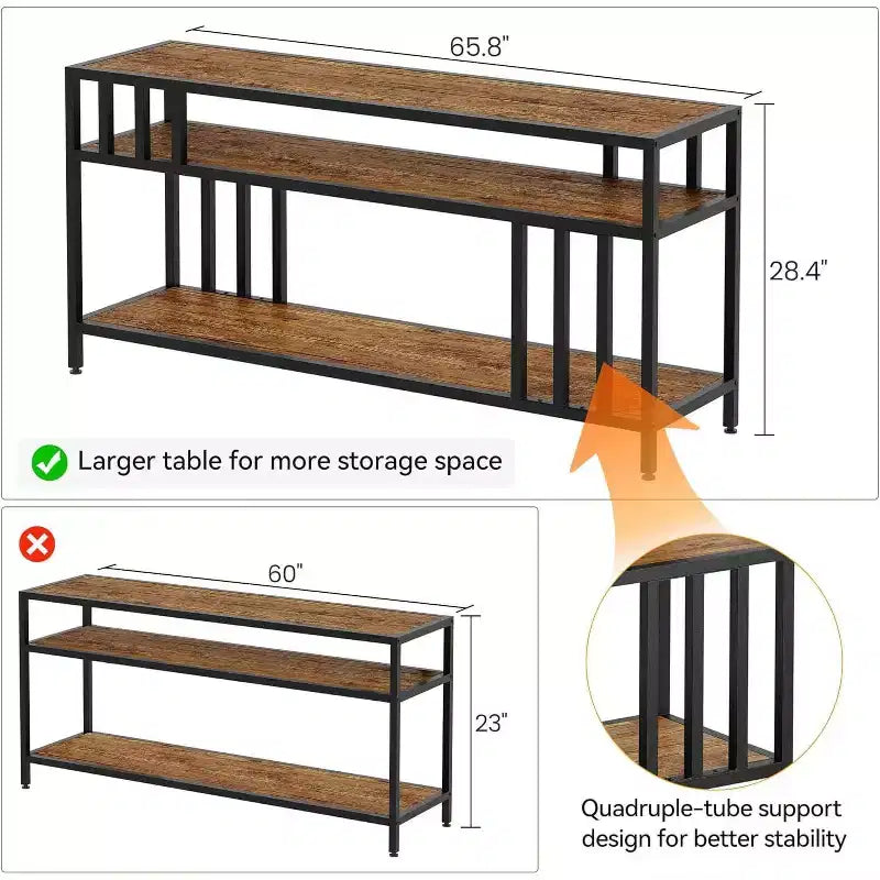 Meuble TV 65" pour téléviseurs jusqu'à 75", meuble de divertissement gris avec étagères de rangement ouvertes et support quadruple-tube