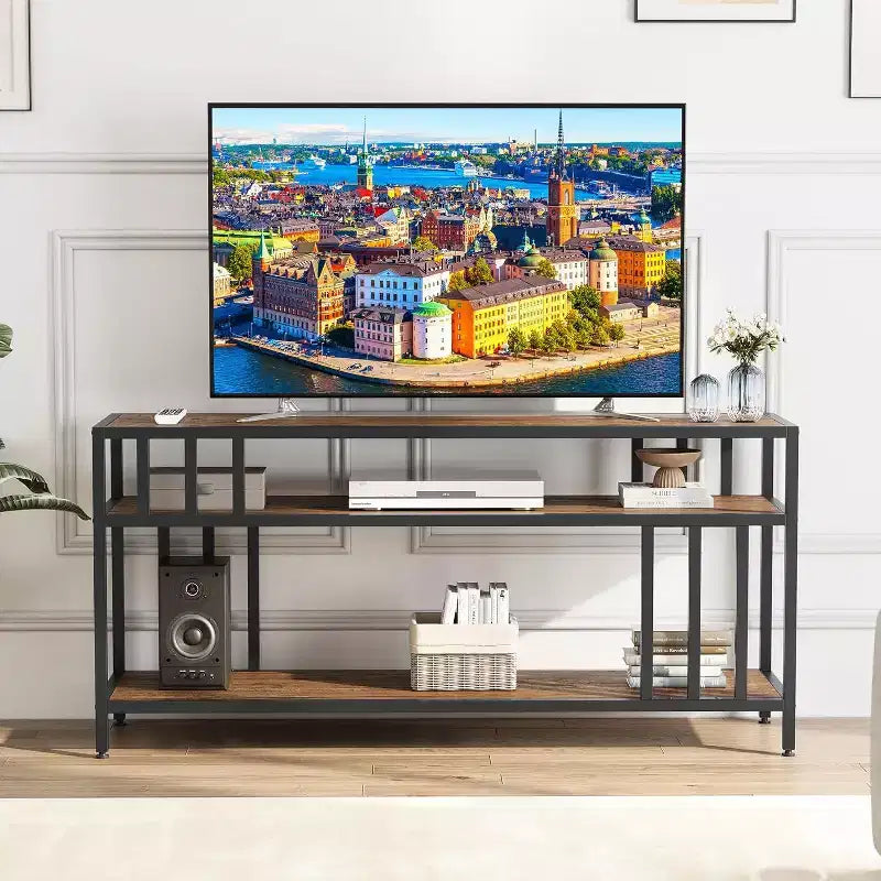Meuble TV 65" pour téléviseurs jusqu'à 75", meuble de divertissement gris avec étagères de rangement ouvertes et support quadruple-tube